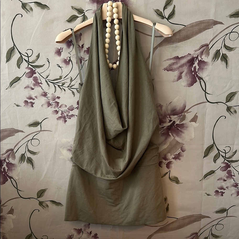 Used stretch cotton Halter half backless Top or micro mini dress olive green